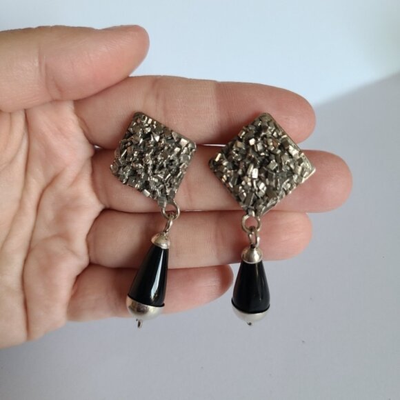 Vintage Taxco Sterling Silver Western Chunky Black Onyx Drop Dangle Earrings - Picture 6 of 10